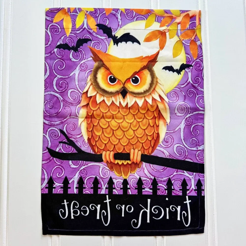 Halloween Owl “Trick or Treat” Garden Flag | Autumn Fall Spooky Haunted Bat